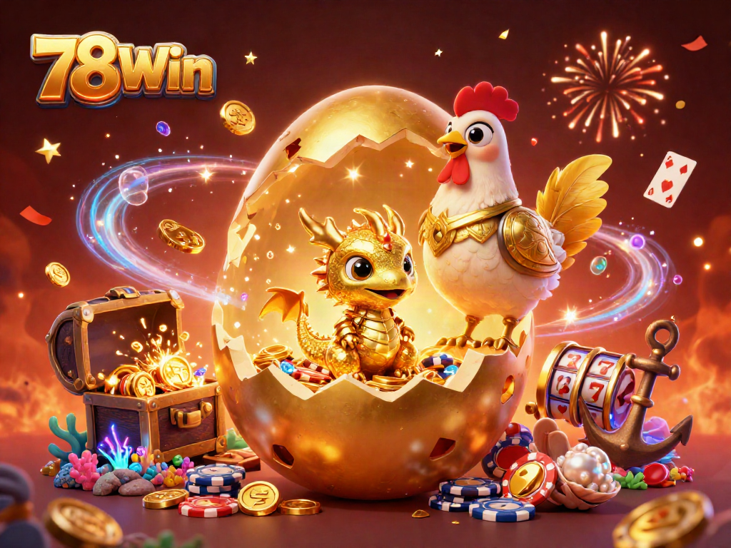 Engage with the thrilling world of 78Win casino, featuring a golden dragon amidst poker chips and jackpot symbols.