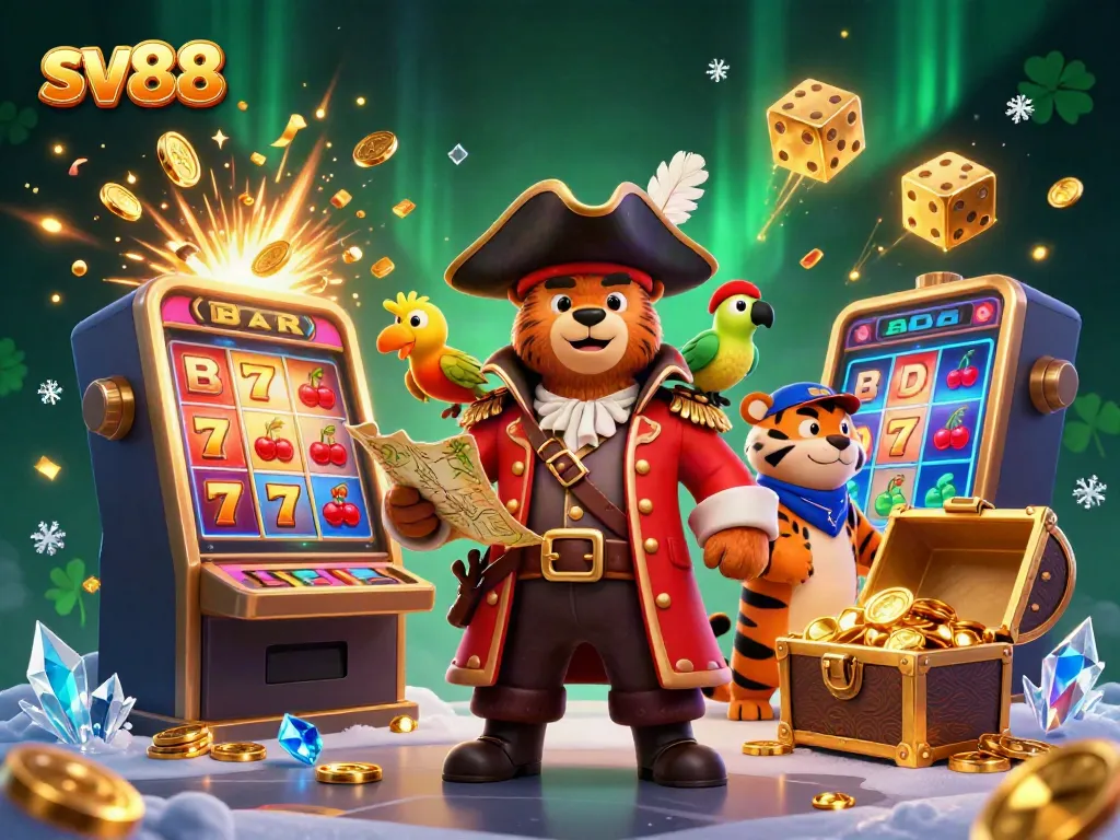 Win big with sv88 in a vibrant casino scene featuring a pirate bear, tiger, and treasure.