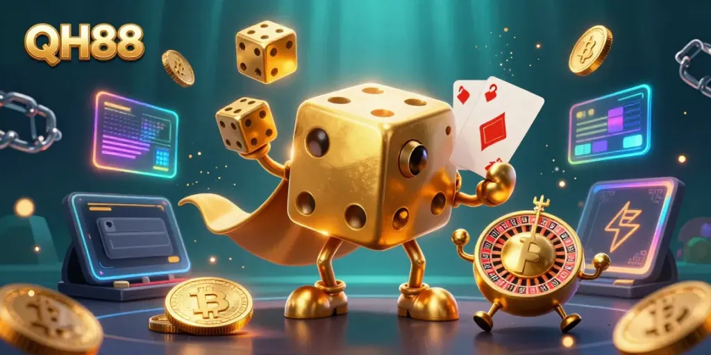 Engage with QH88's online gaming excitement featuring dynamic characters and vibrant elements.