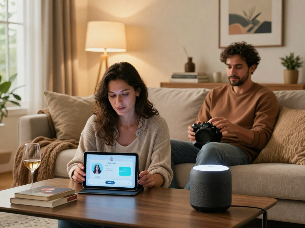Couple using sex AI technology in a cozy living room, showcasing modern intimacy.