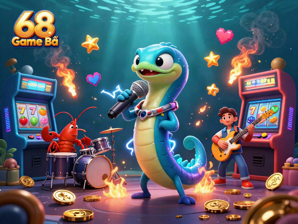 Experience 68 Game Bài with an electric eel DJ and lobster drummer in an underwater casino stage.