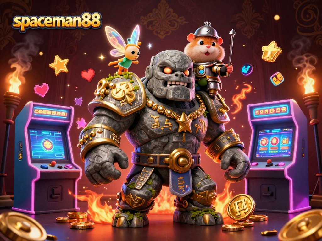 Spin to win with spaceman88 in vibrant casino-themed 3D illustration featuring interactive slot elements.