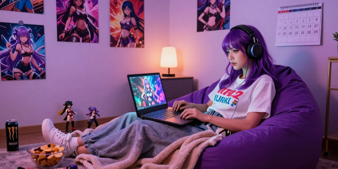 Young woman enjoying female protagonist hentai games in cozy gaming space, vibrant atmosphere, LED lighting, and gaming merchandise.