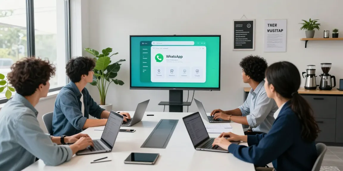 Team collaborating to explore WhatsApp下載 in a modern business setting, showcasing the app on a large screen.