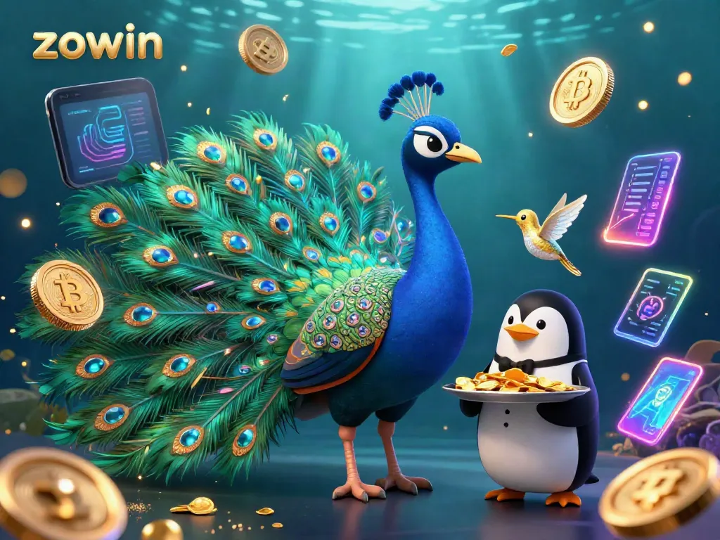 Experience big wins with zowin as a majestic peacock and friends celebrate in a dynamic casino scene.
