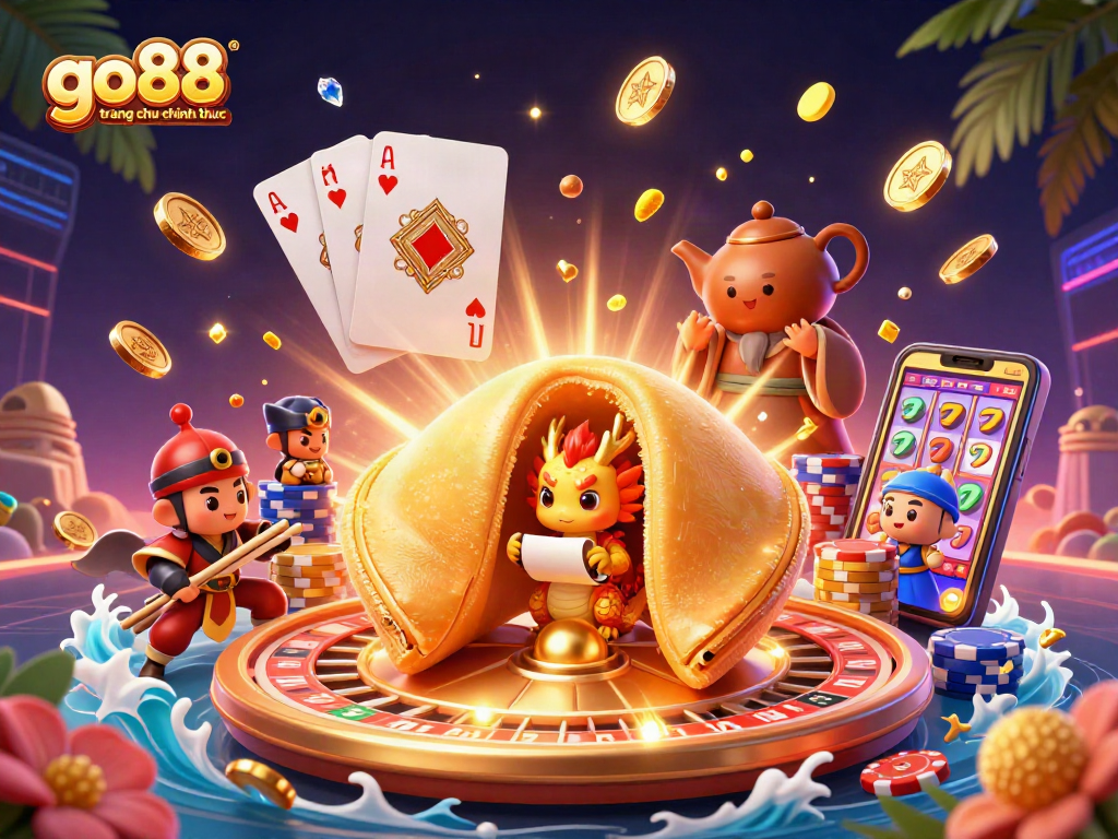 Engage with go88 trang chu chinh thuc showcasing a dynamic 3D scene of thrilling casino elements.