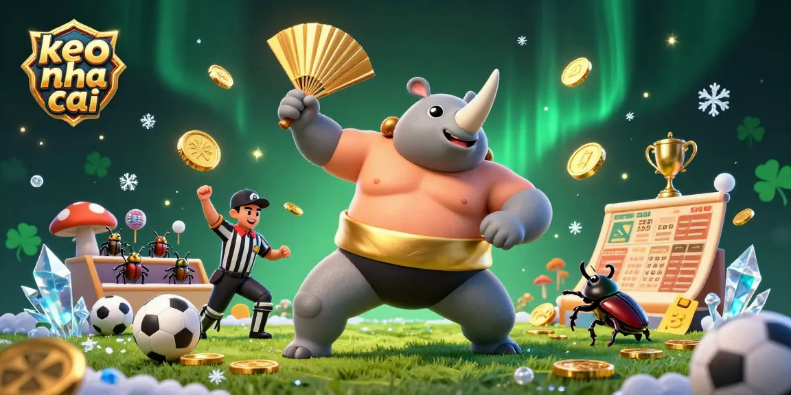Betting on keo nha cai with a lively cartoon scene featuring a sumo beetle champion and referee.