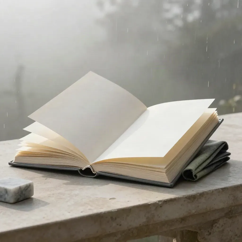Ivory wealth-review folio with silver clip, paperweight and wool swatch on pale stone in misty morning light