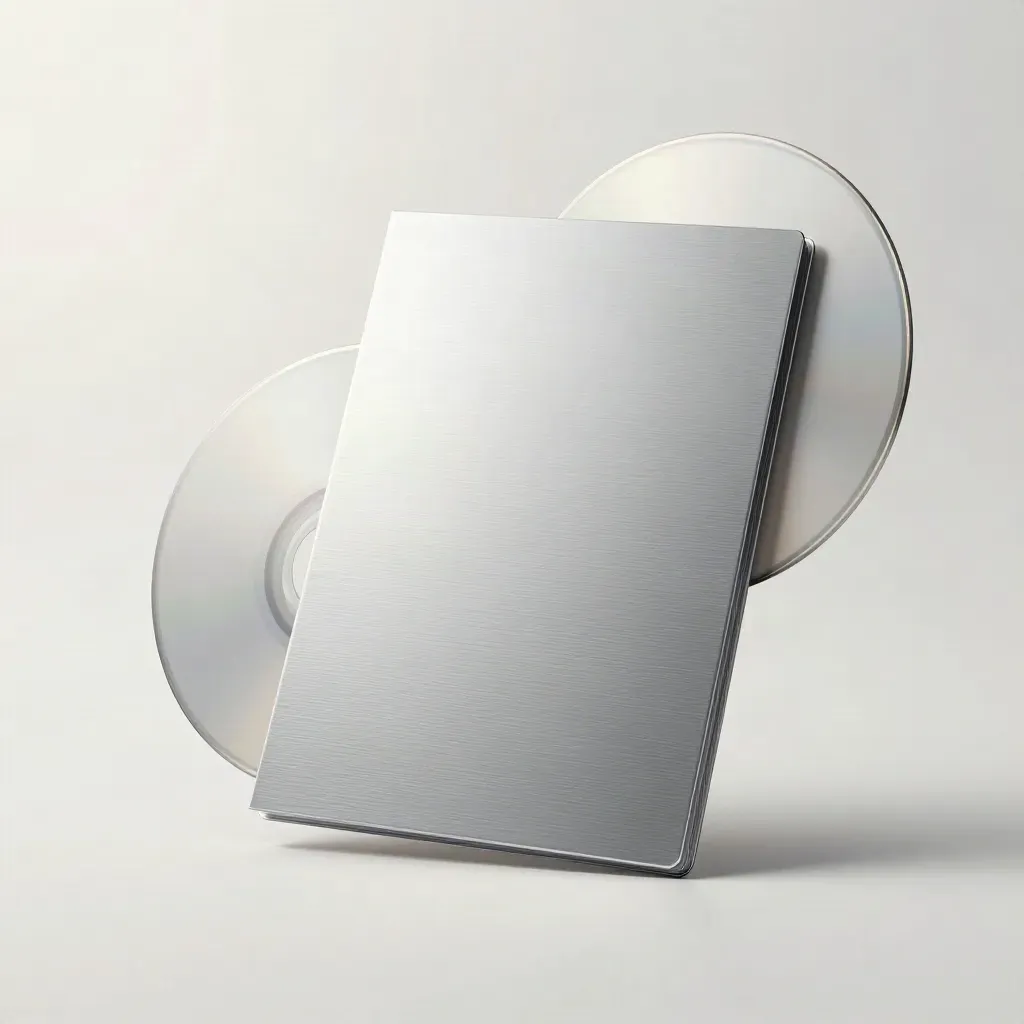 Suspended brushed-silver portfolio review card with two faint discs on a pale white gradient.