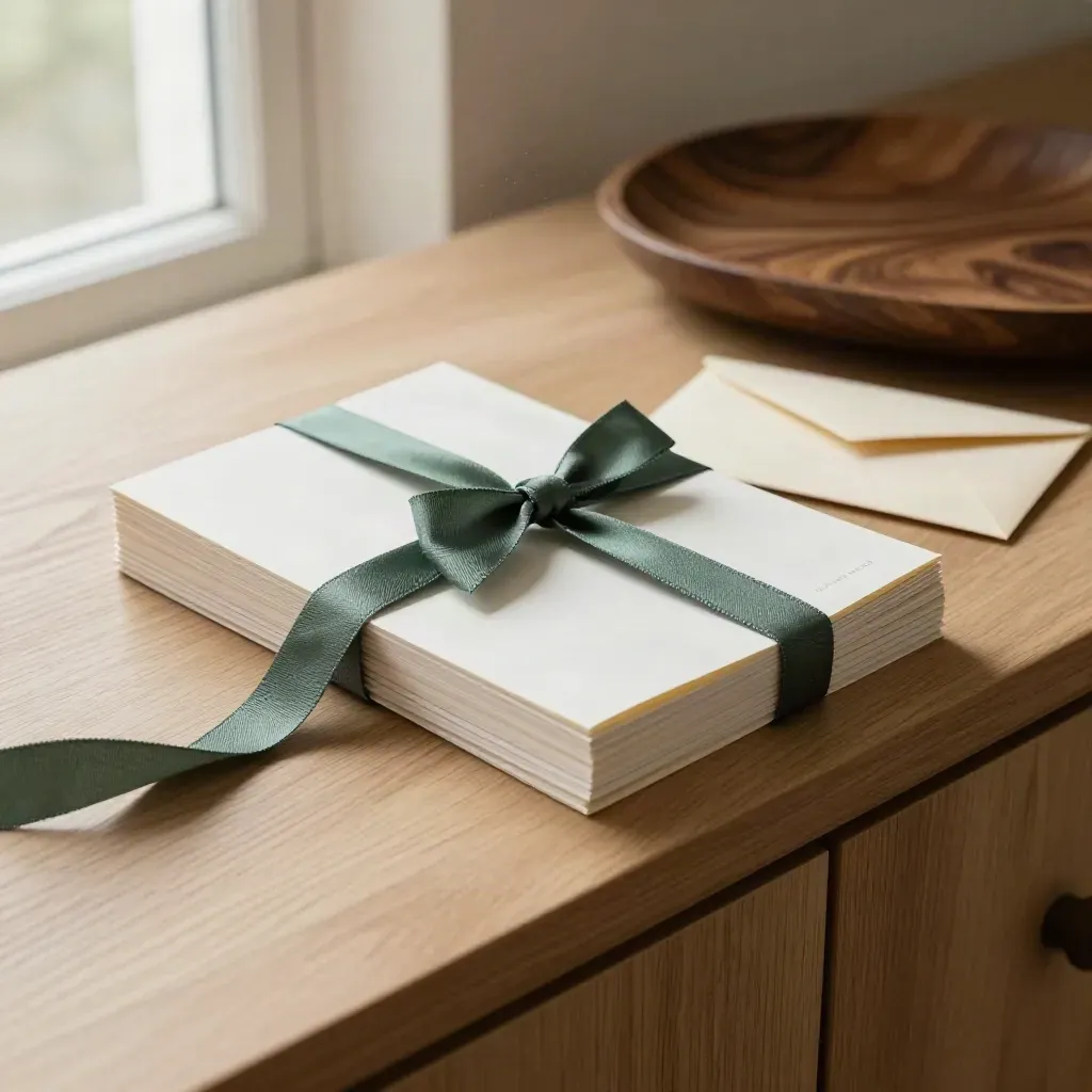 Blank annual planning booklets with slate ribbon beside walnut tray and cash envelope on pale oak.