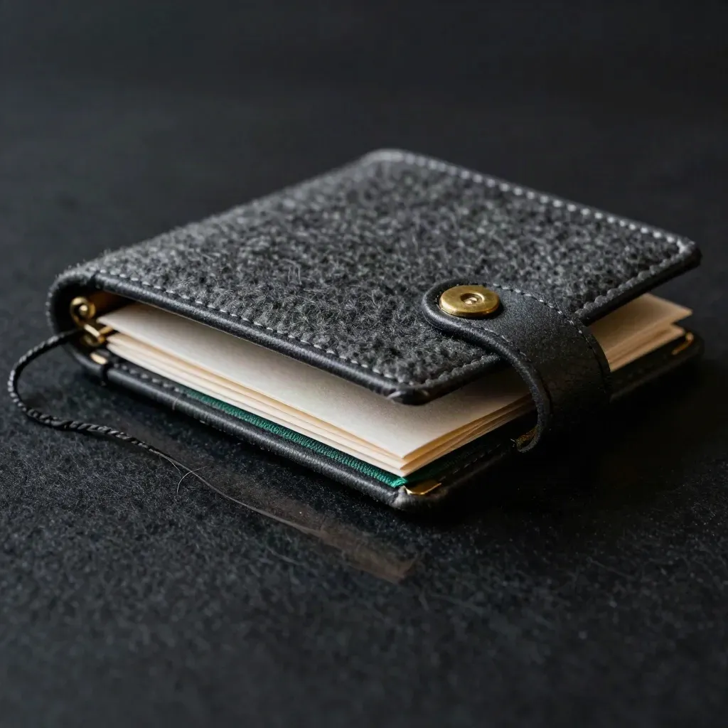 Charcoal pension folio half-tucked into wool, brass clip and leather loop in dramatic studio light.