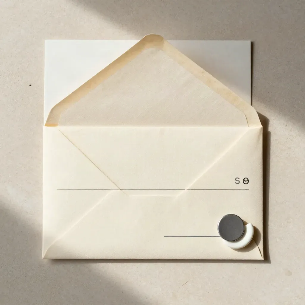 Top-down flatlay of an ivory envelope, linen insert, graphite token and ceramic piece on pale stone.