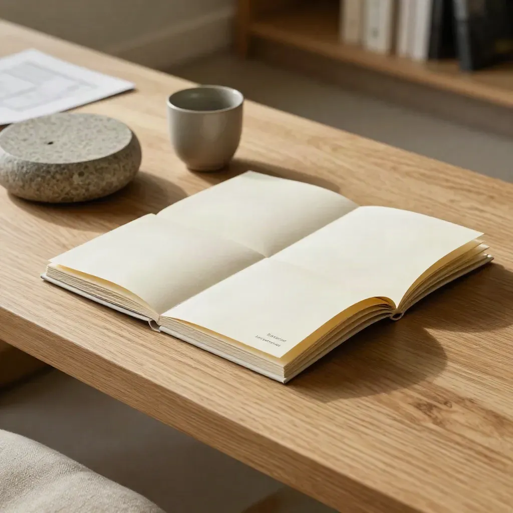 Accordion retirement income booklet on an oak bench with stone weight and ceramic cup.