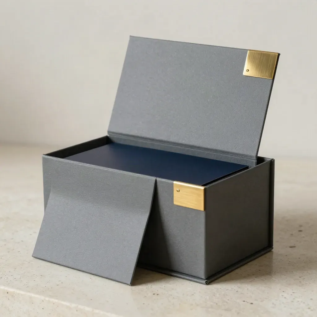 Open slate-grey business-owner pack in a rigid box with brass corner and layered inserts.