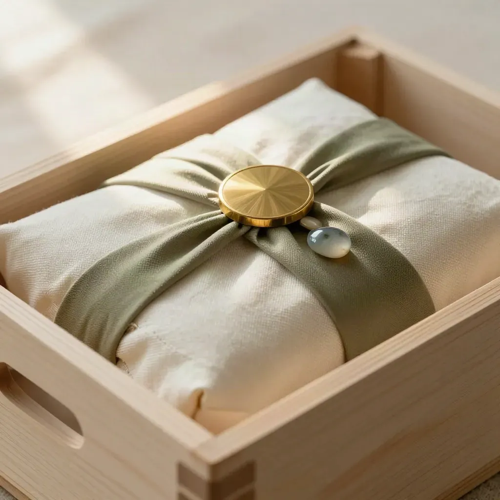 Cream cloth folio in a pale wooden crate with brass seal and ceramic pebbles