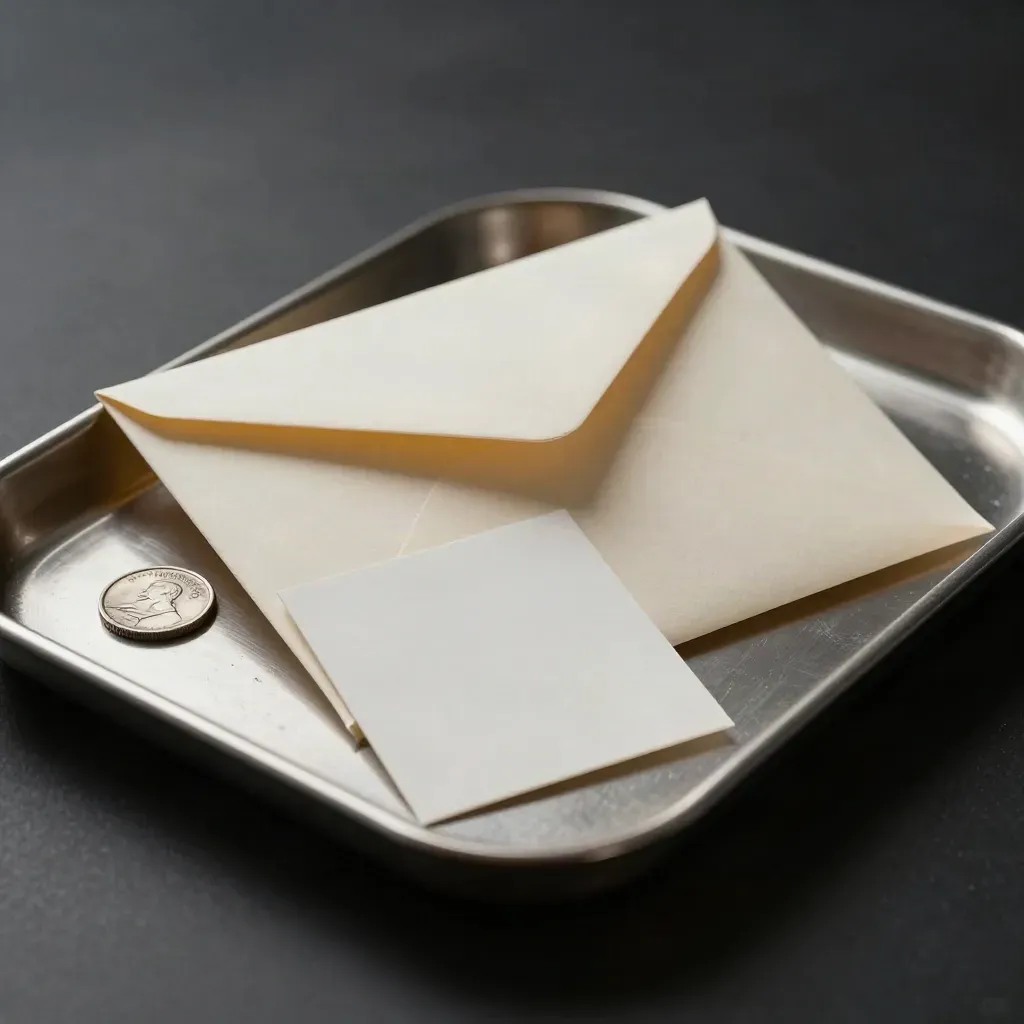 Ivory top-up envelope sliding into a silver tray beside a token and folded card