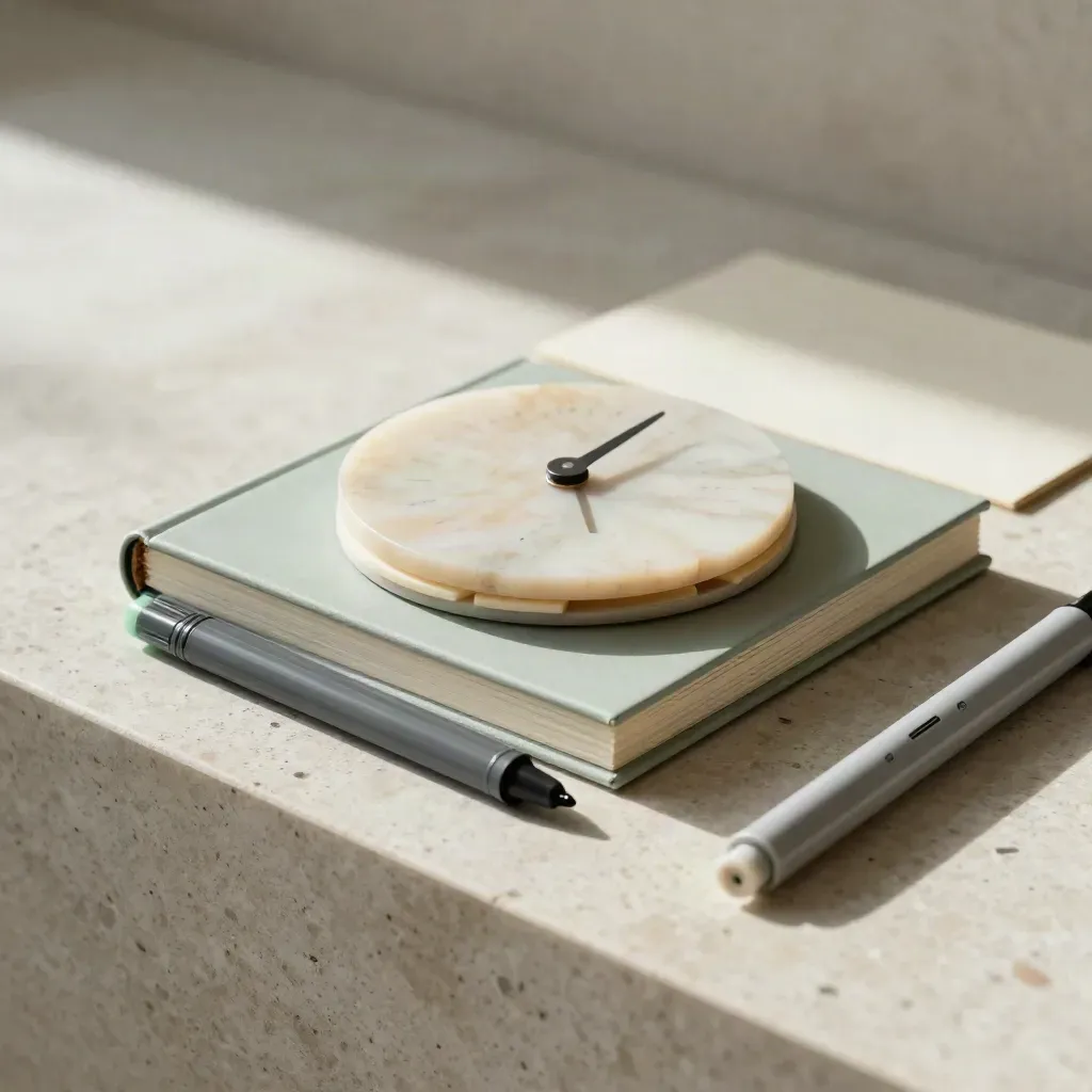 Shut review folio beside a round ivory timer disc on travertine, premium finance product hero.