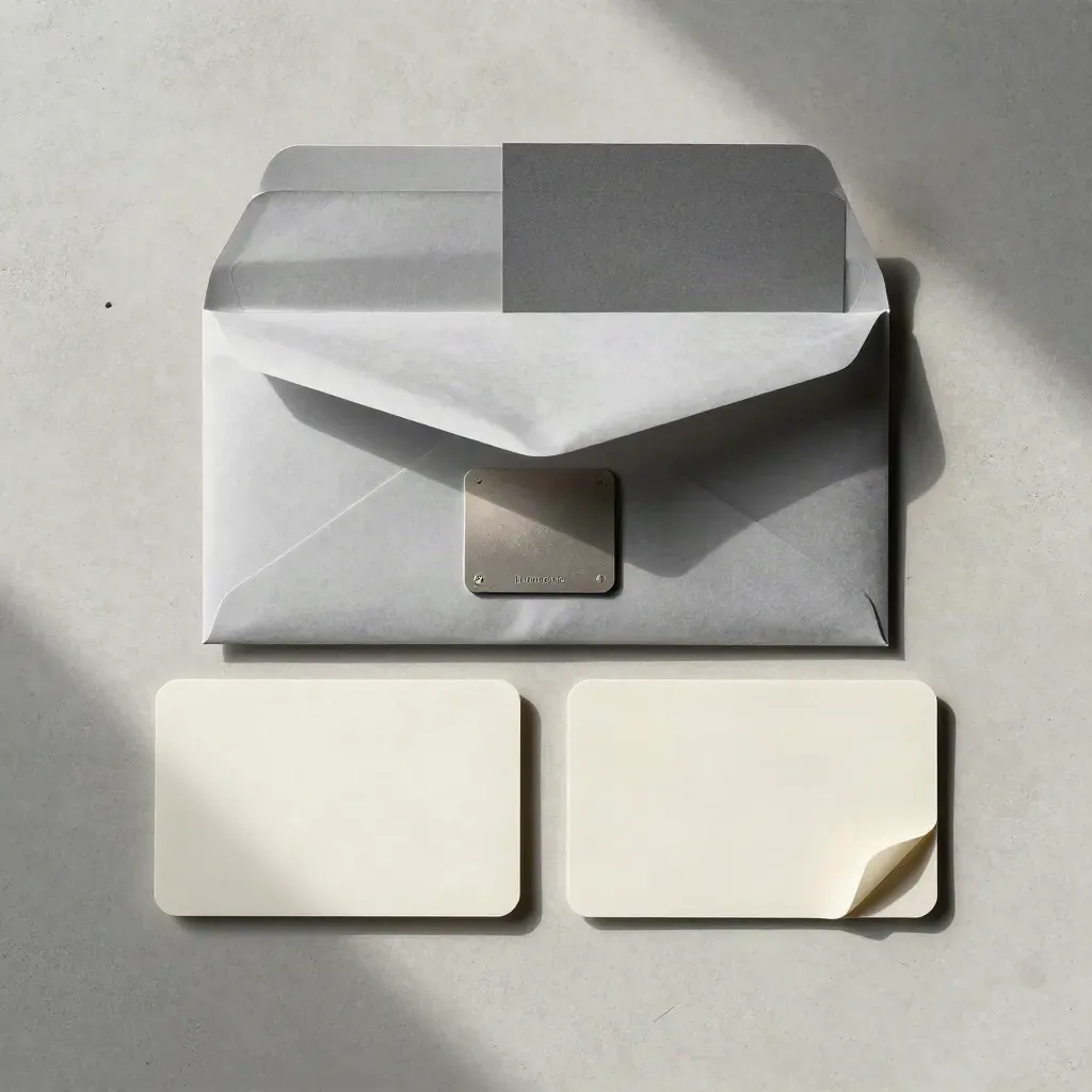 Overhead flatlay of open cash-check envelope, silver token, two blank cards, and folded slip on pale concrete.