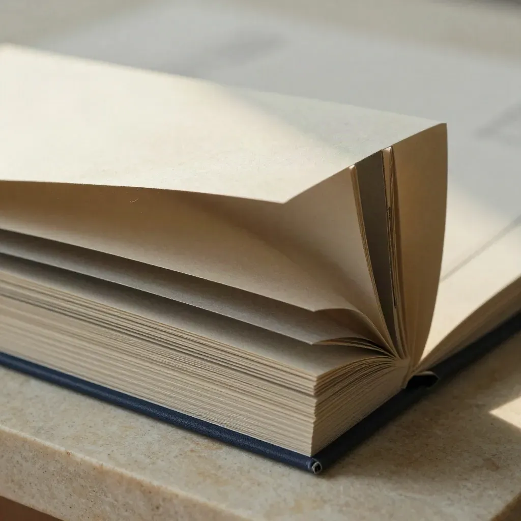 Macro of a layered pension-gap scan pack half-open with tabbed dividers and a blank spine.