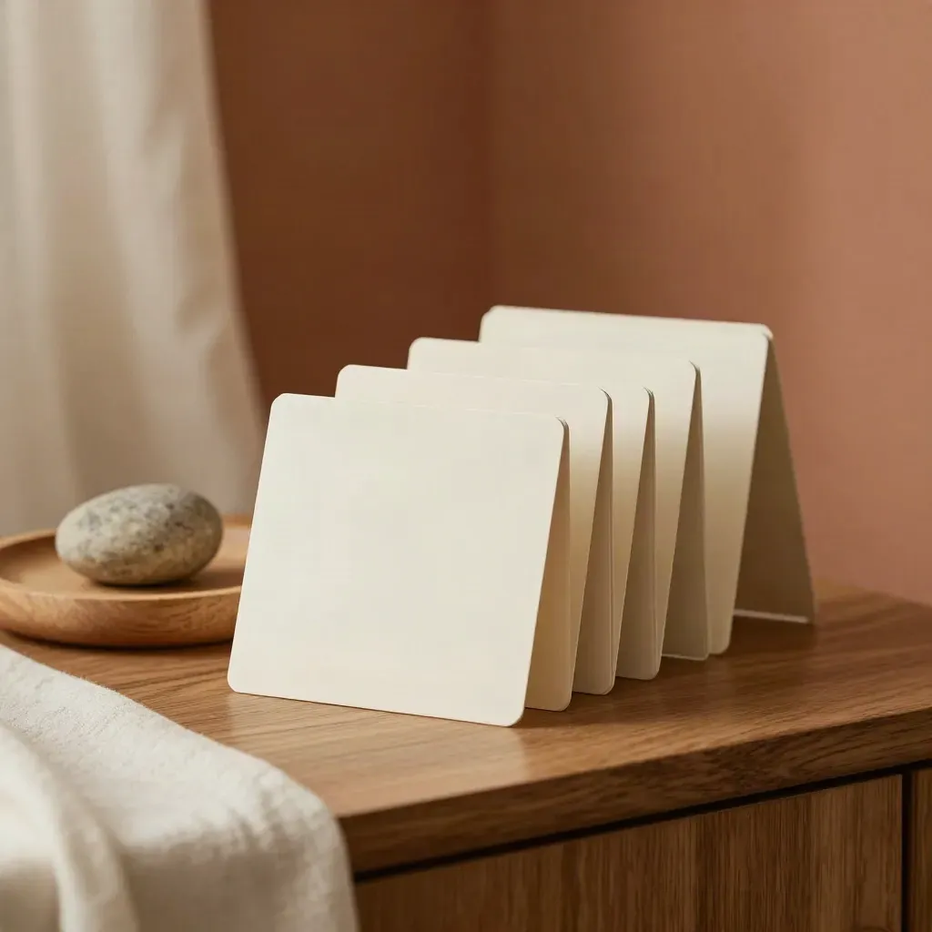 Three nested retirement planning cards on oak tray with stone weight in a calm study