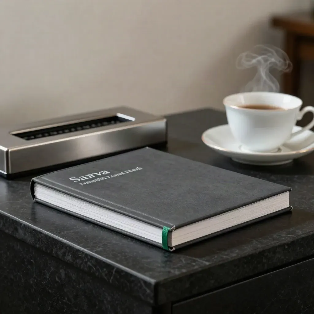 Graphite market-notes booklet in tray with silver weight and steaming tea cup