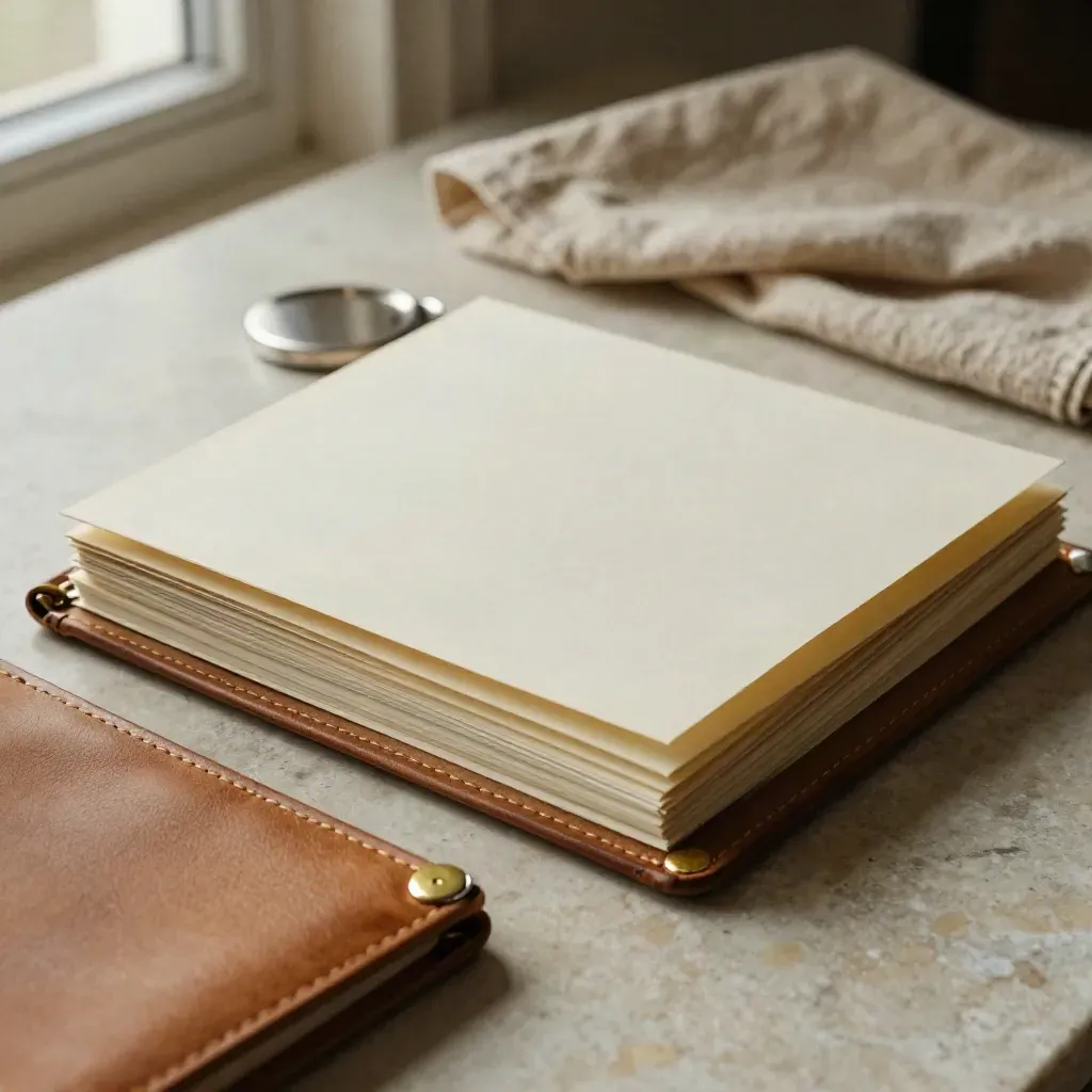 Half-open wealth review binder with brass corner, inserts, coin tray and linen cloth in soft daylight