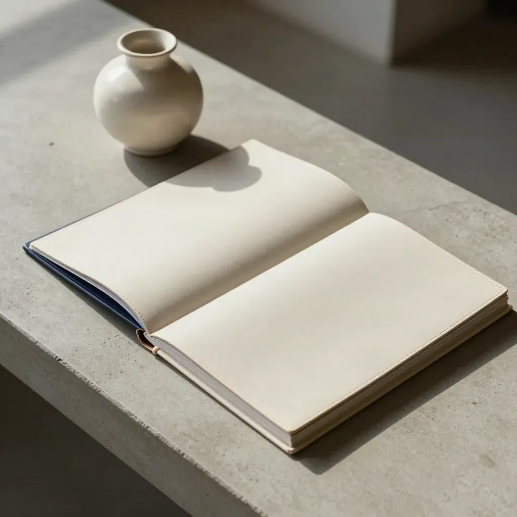 Ivory wealth-review folio with two sleeves and a ceramic vessel on pale concrete.
