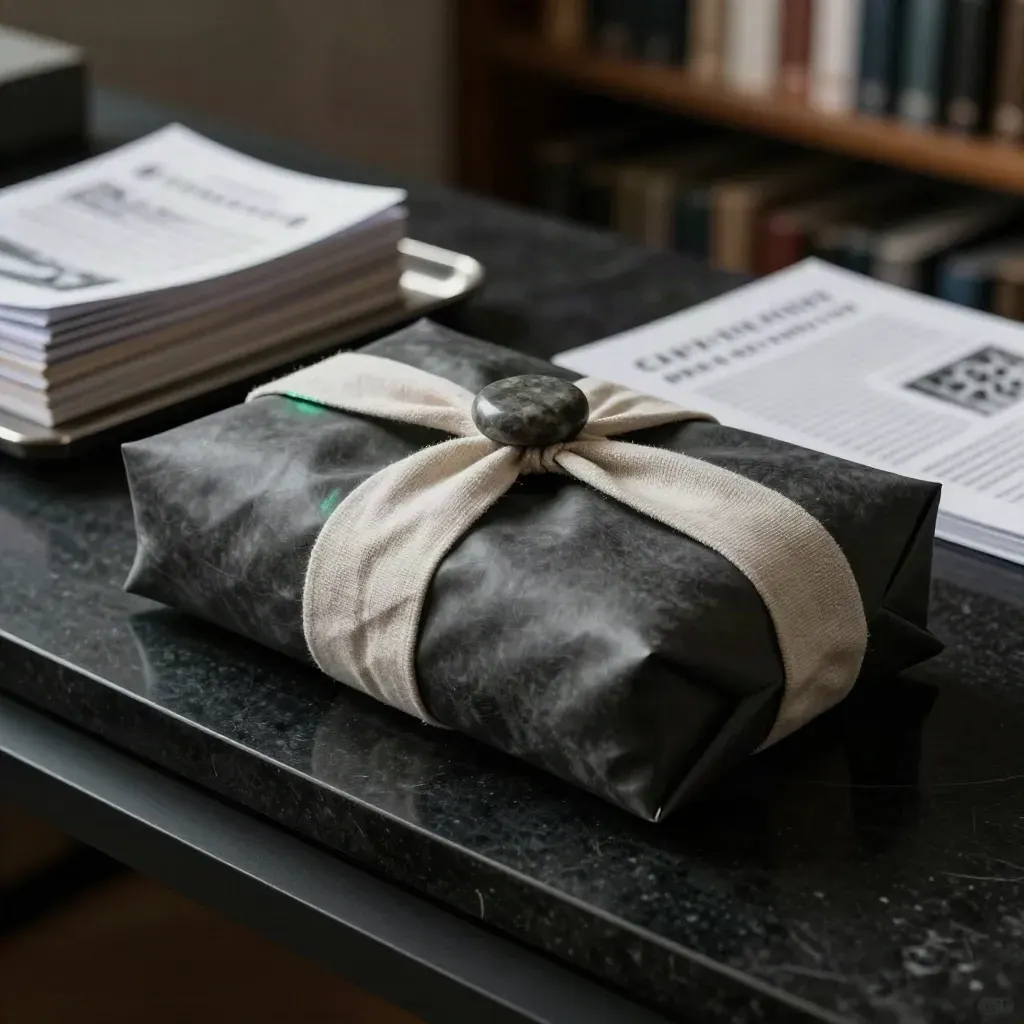 Capital-protection pack wrapped in linen, weighted stone, in a premium wealth-planning archive