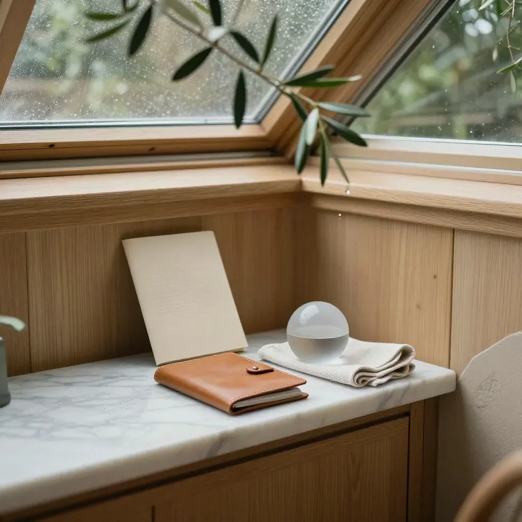 Skylit conservatory corner with marble sill, olive branches, and wealth-planning materials in soft morning light.