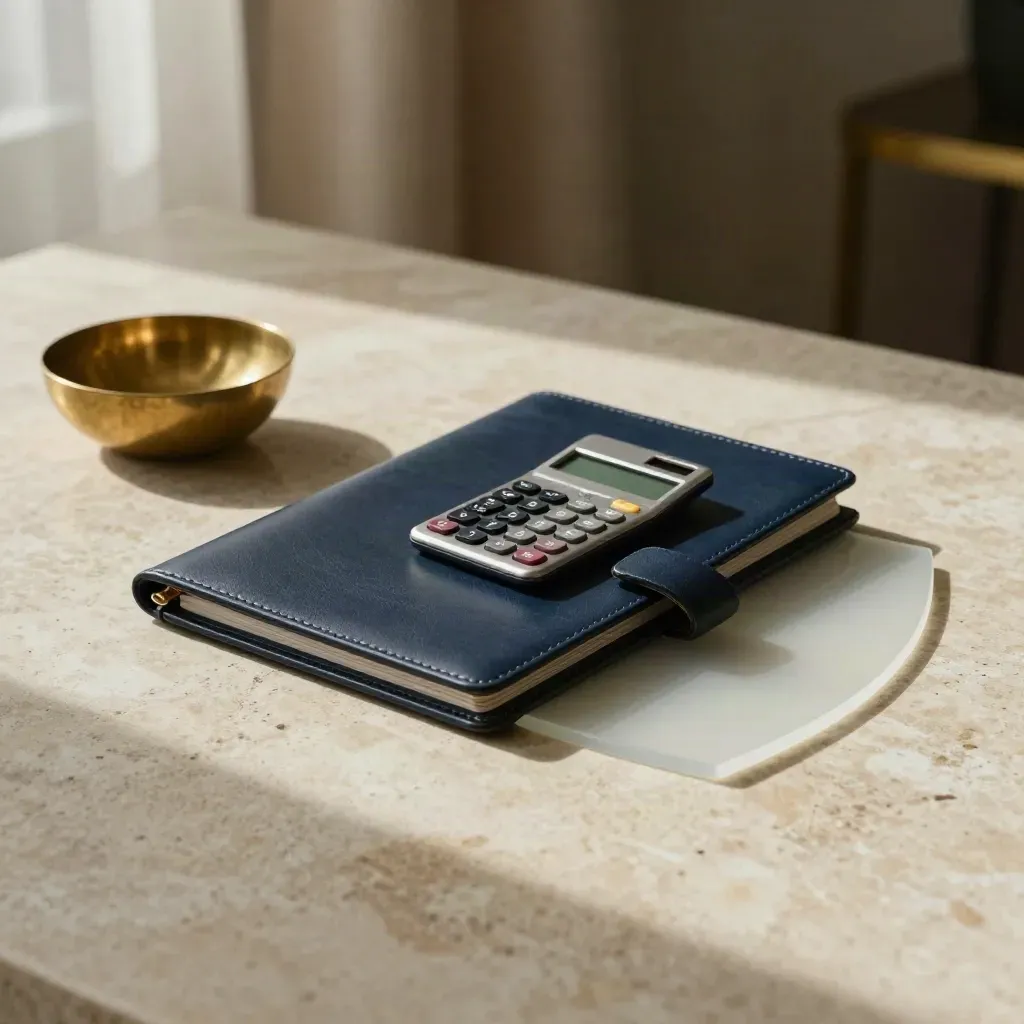Navy folio, calculator and acrylic curve on sunlit limestone beside linen and brass.