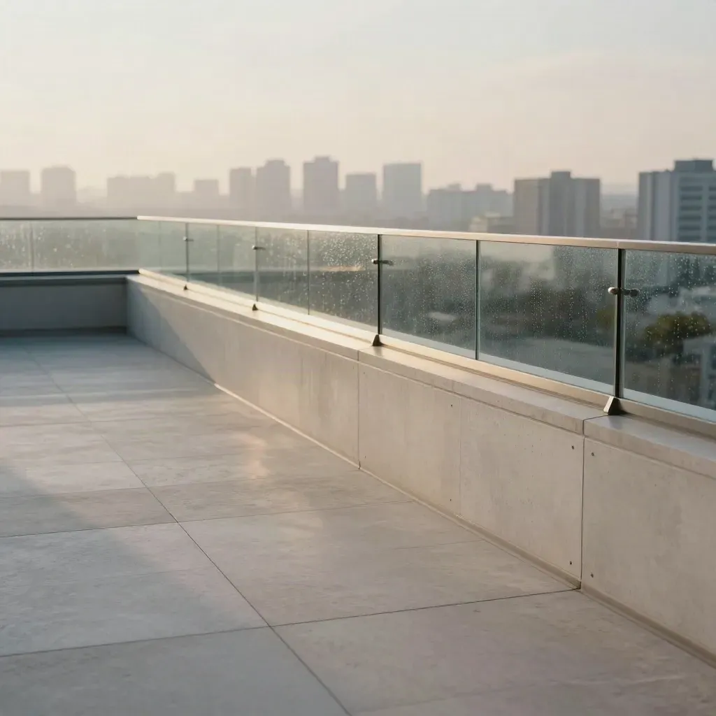 Rain-kissed rooftop terrace with hazy city skyline and calm copy space below