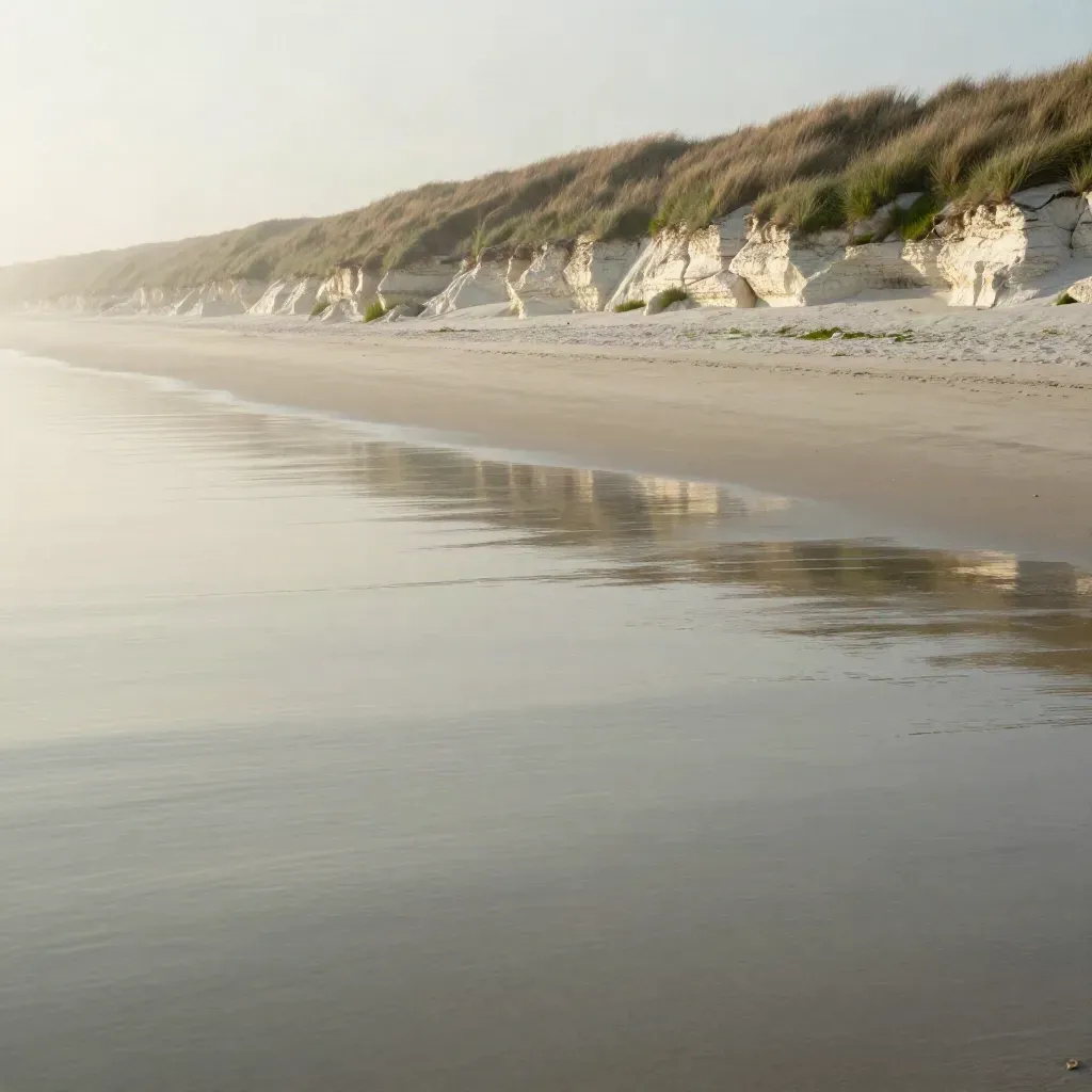 Misty tidal shoreline with chalk bank, still water reflections and a dune crest in soft dawn haze