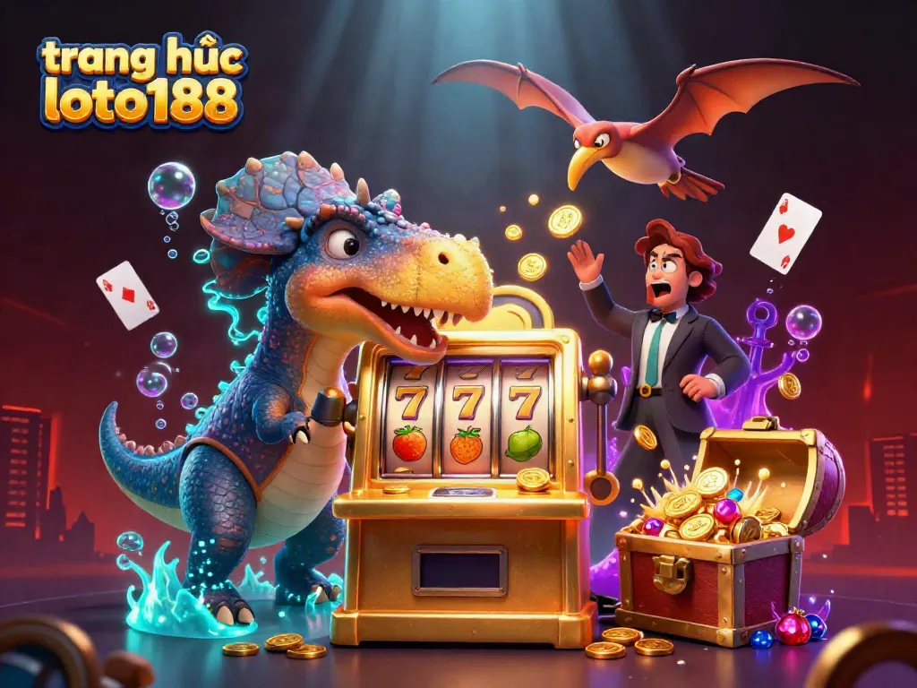 Experience the excitement of trang chủ loto188 with a dynamic scene of a dinosaur winning jackpot coins from a slot machine.