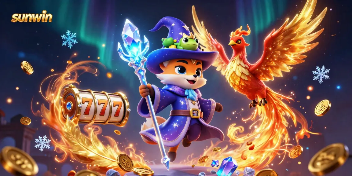 Experience exciting wins with the sunwin slot reels and characters in a vibrant casino scene.