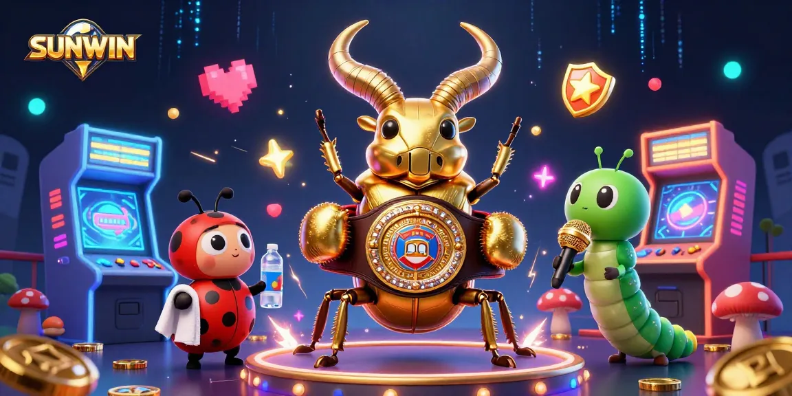 SUNWIN features a golden stag beetle in a boxing champion belt amid vibrant casino elements, igniting excitement.