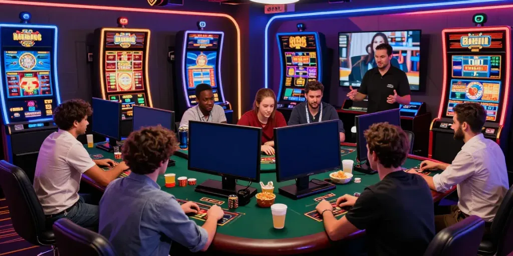 Engaged players enjoying sin 88 in an exciting online casino atmosphere, surrounded by vibrant gaming elements.