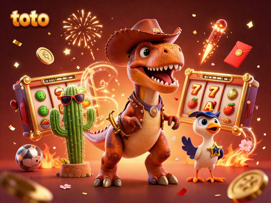 Experience thrilling slot action with toto alongside a cowboy dinosaur, enhanced by vibrant game elements.