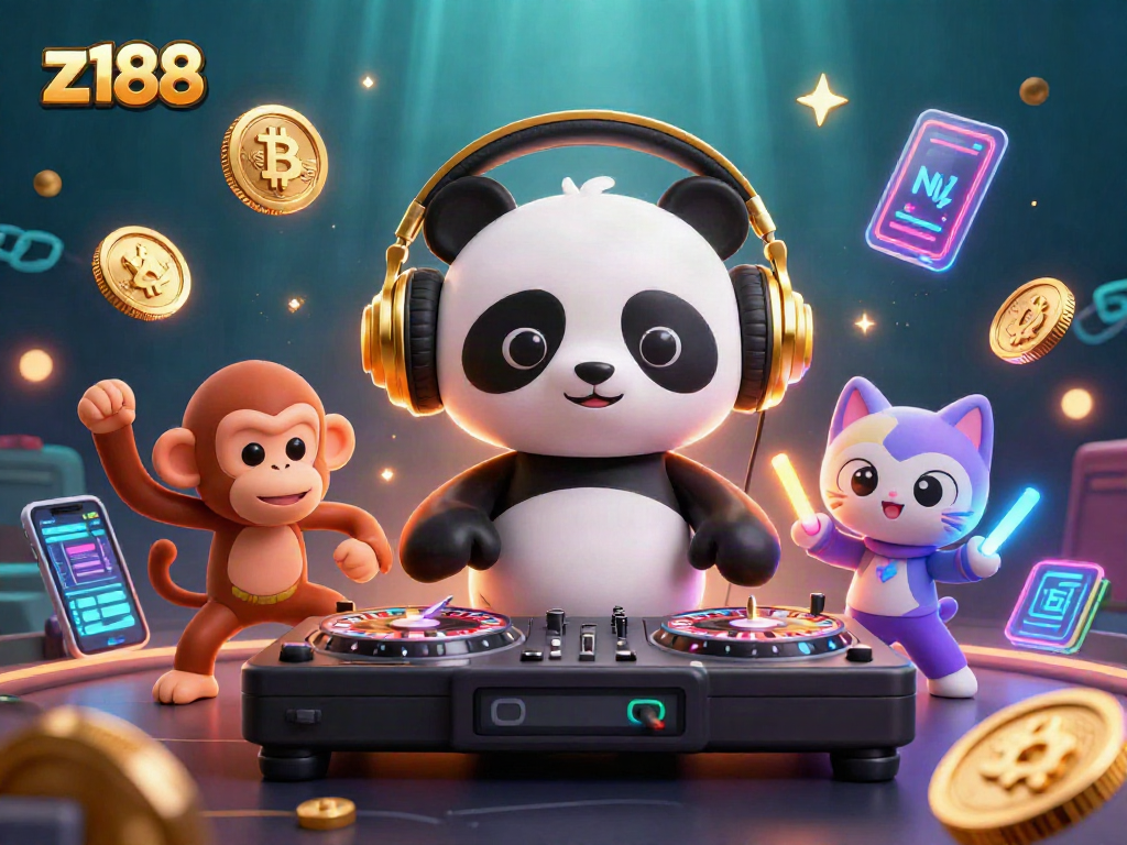 Experience z188 casino vibes with DJ panda, dancing monkey, and glowing kitten in an energetic scene.