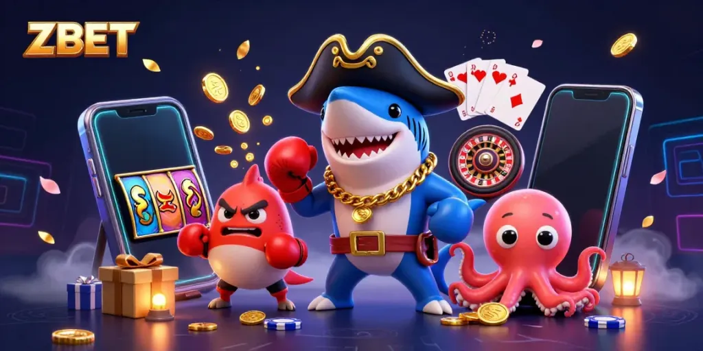 ZBET invites players to spin slots and win gold with cheerful casino characters.
