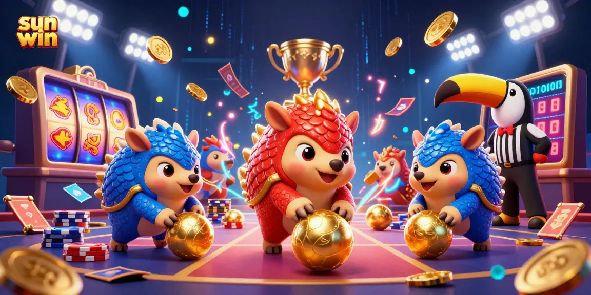 Engage in exciting gameplay at Sun Win with rival pangolins in a vibrant casino scene.