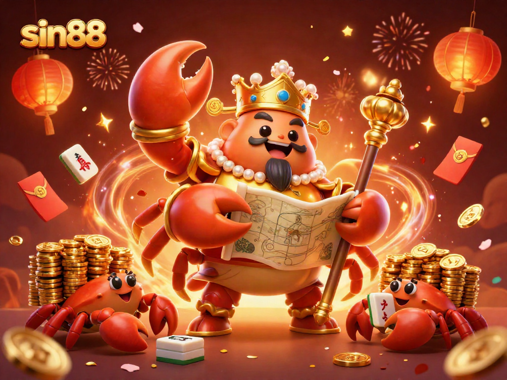 Experience the excitement of sin88 with a golden crab emperor amidst festive gambling elements.