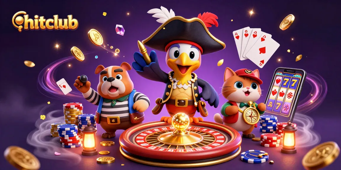 Hitclub showcases vibrant gaming atmosphere with cartoon pirate captain, bulldog, and cat amidst cascading coins and roulette.