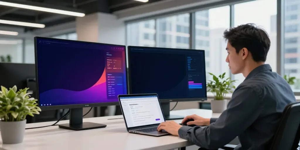 SEO specialist utilizing instant indexing tools in a modern tech workspace.