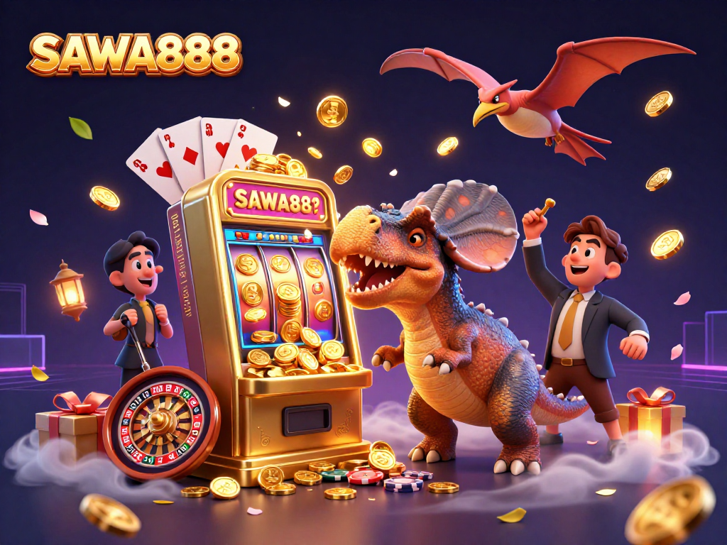 SAWA888 jackpot coins bursting out as the pachycephalosaurus wins at the casino