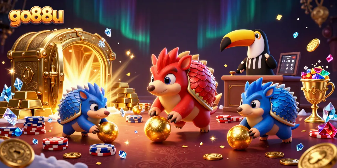 Join go88u's exciting gambling adventure with dynamic pangolins amidst riches and vibrant casino elements.